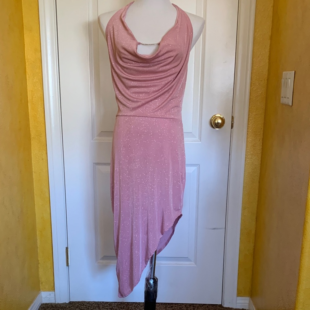 Chic Asymmetrical Pink Halter Dress
